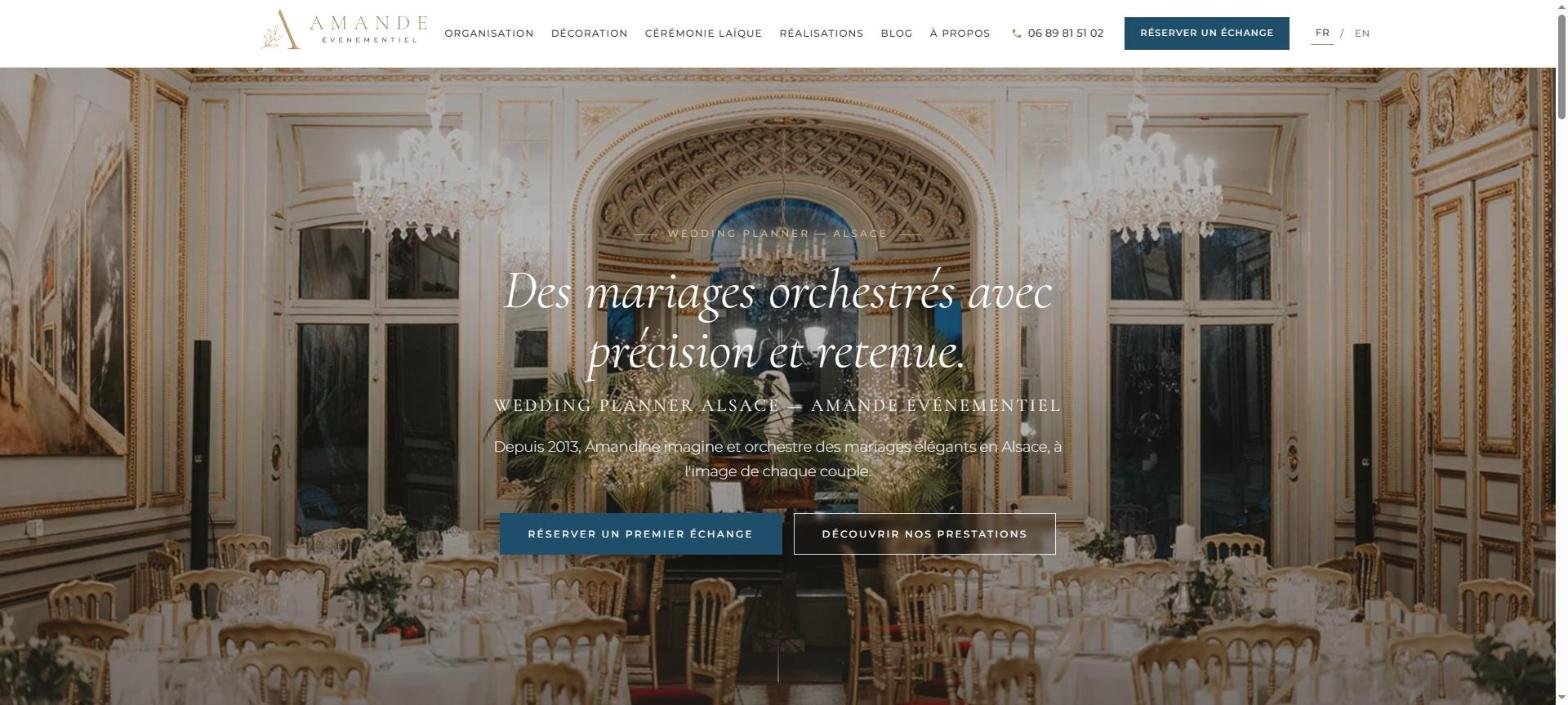 Aperçu modèle wedding planner — exemple Amande Événementiel